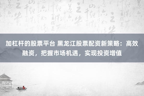 加杠杆的股票平台 黑龙江股票配资新策略：高效融资，把握市场机遇，实现投资增值